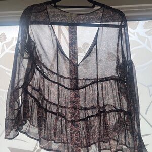 Joie Midnight Blue and Pink Patterned Sheer Blouse. Size M